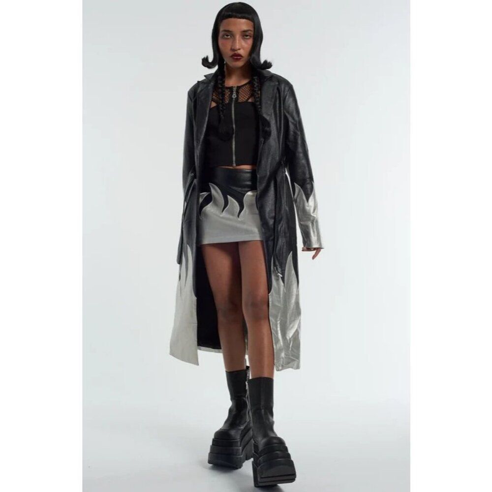THE RAGGED PRIEST Immortal Coat 16 Silver Flames Faux Leather Trench Mall Goth - Picture 4 of 12